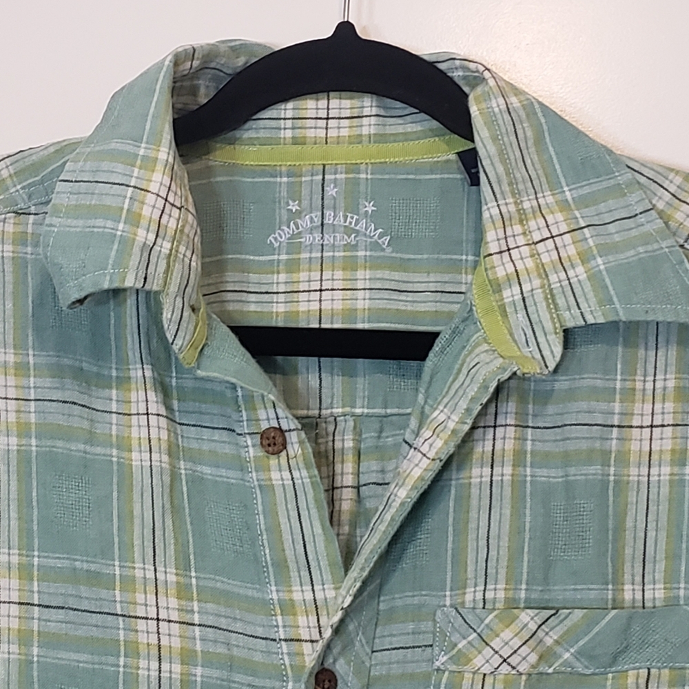 Tommy Bahama Linen 100% Shirt Plaid Button Up Short Sleeve Size Medium Green - Picture 3 of 14